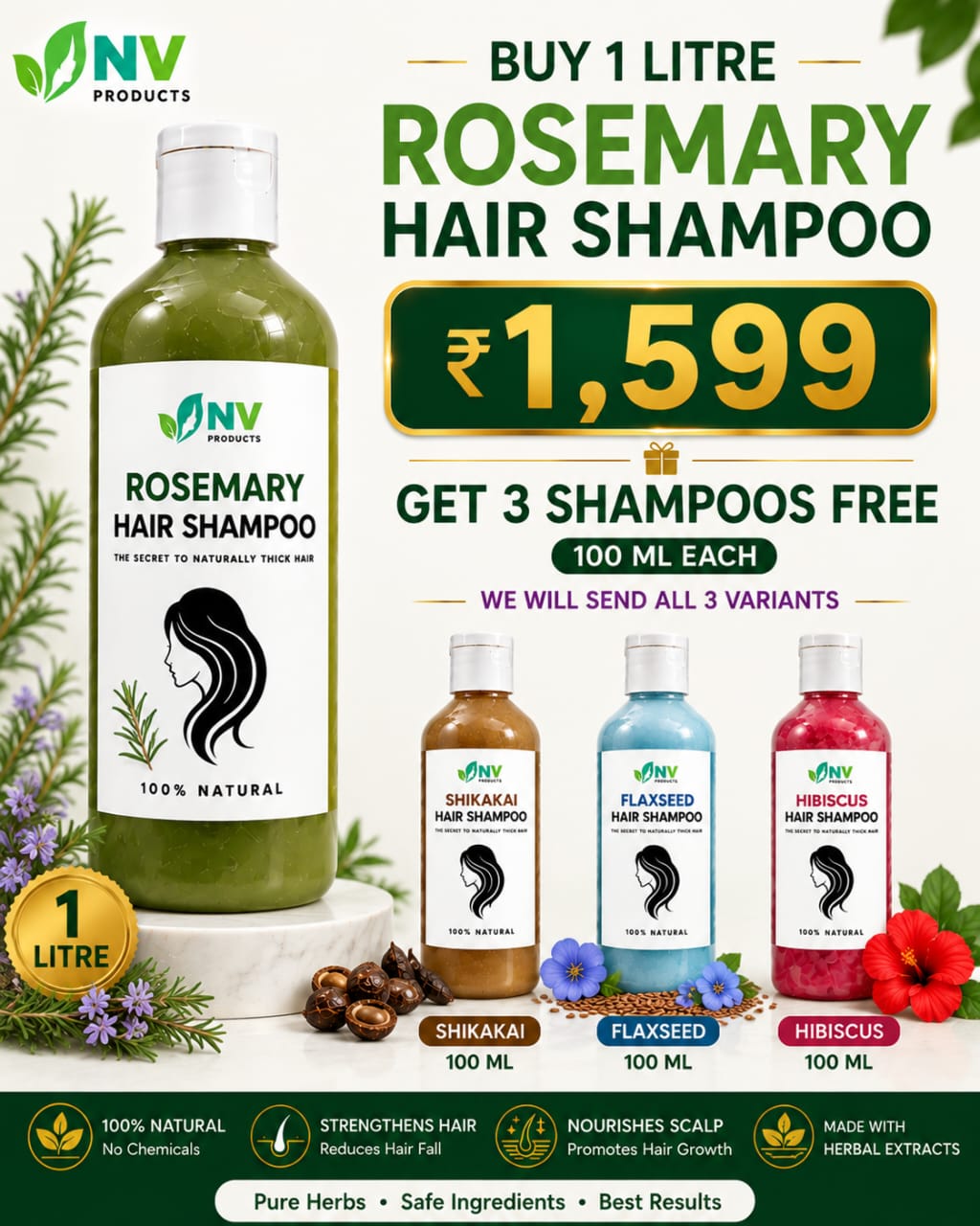 1litre Rosemary shampoo, + 3, 100ml shampoo free