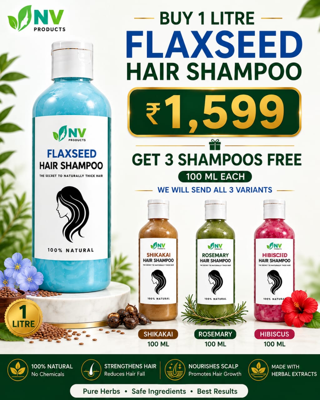 1litre flaxseed shampoo, +3,100ml shampoo free