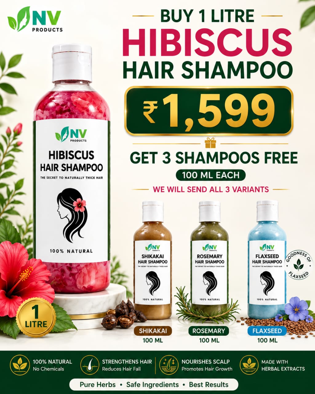 1litre Hibiscus shampoo,+ 3, 100ml shampoo free