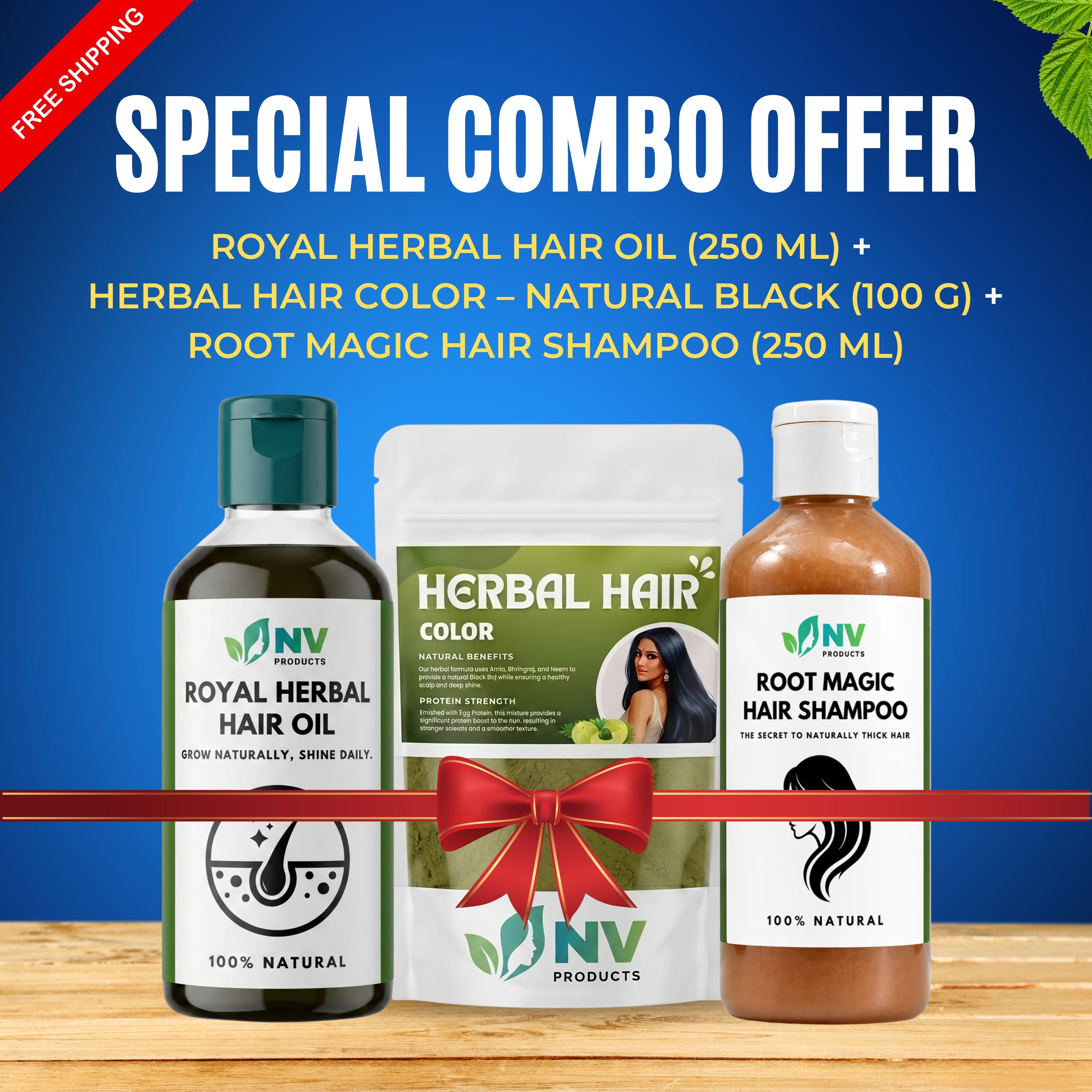 #Special Combo Offer: Royal Herbal Hair Oil (250 ml) + Root Magic Hair Shampoo (250 ml) + Herbal Hair Color – Natural Black (100 g). Includes FREE Delivery!