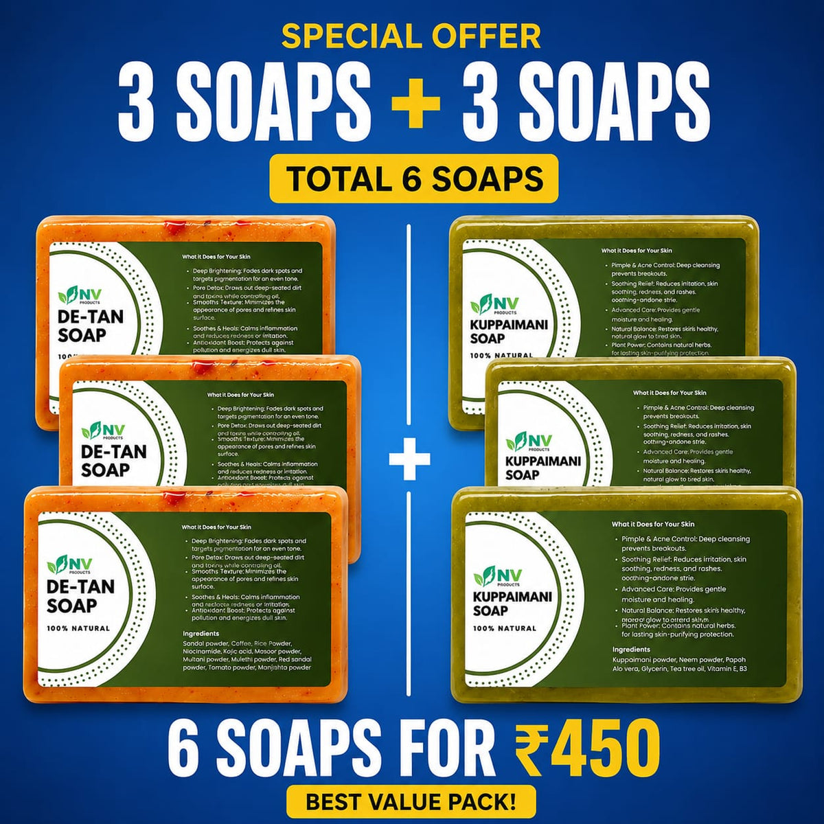 3 De-Tan + 3 Kuppaimani Soaps Combo – 6 Soaps Special Offer ₹450